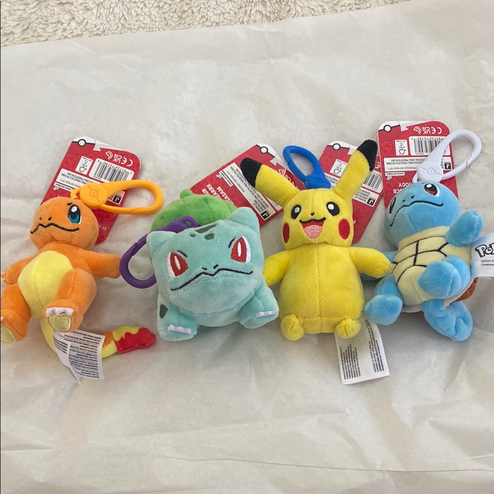 Pokemon Plush Keychain Set - Pikachu, Charmander, Bulbasaur, Squirtle- as a set